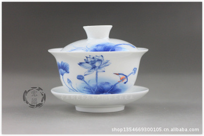 【茶具陶瓷青花功夫茶具、釉下彩青花瓷三才碗盖碗、一壶两杯、直销】价格,厂家,图片,德化县印象瓷器营销部-